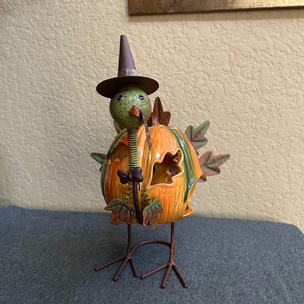 Pier 1 Turkey Pumpkin Tealight Candle Holder Ceramic Metal Thanksgiving Fall